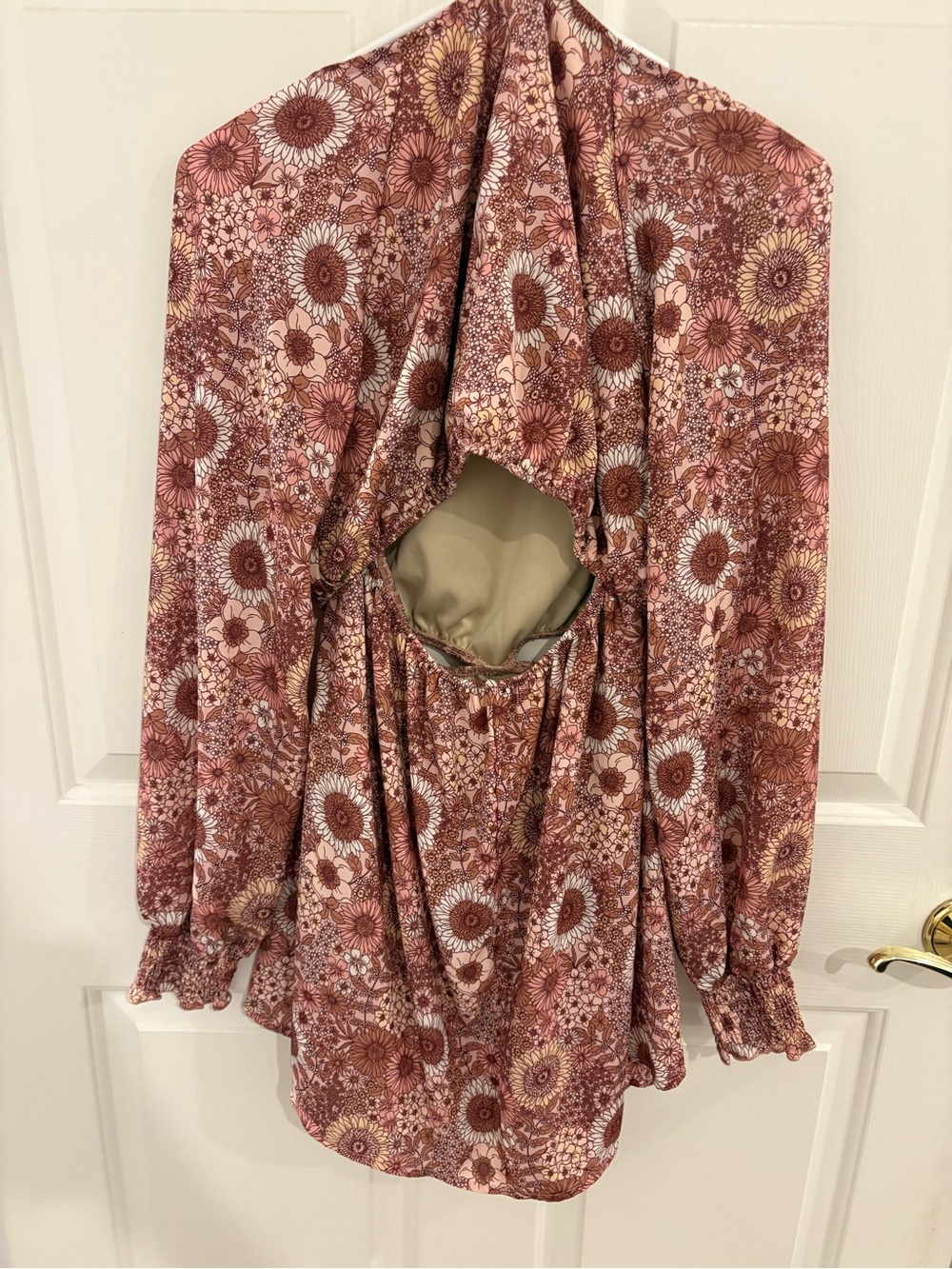 Boho Floral Cutout Long Sleeve Mini Dress - Pink & Brown - Picture 2 of 2